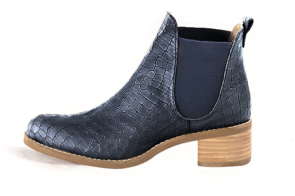 Denim blue women's ankle boots, with elastics. Round toe. Low leather soles. Profile view - Florence KOOIJMAN